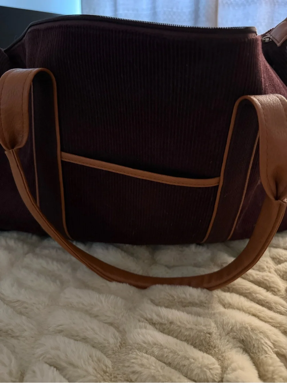 DSW Maroon Corduroy Duffel with Tan Leather Trim